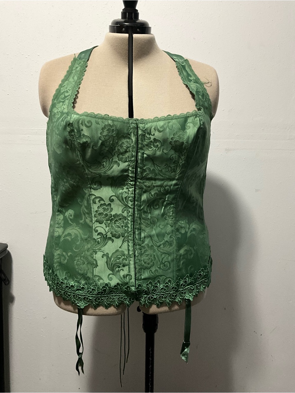 Vintage Fredericks of Hollywood Green Brocade Halter Corset Bustier 44